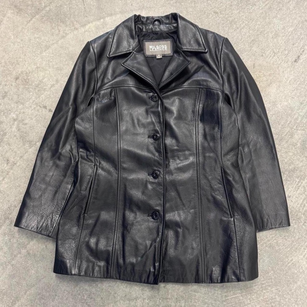 Wilson Black Leather Car Coat Women's Button Front Genuine Leather Medium